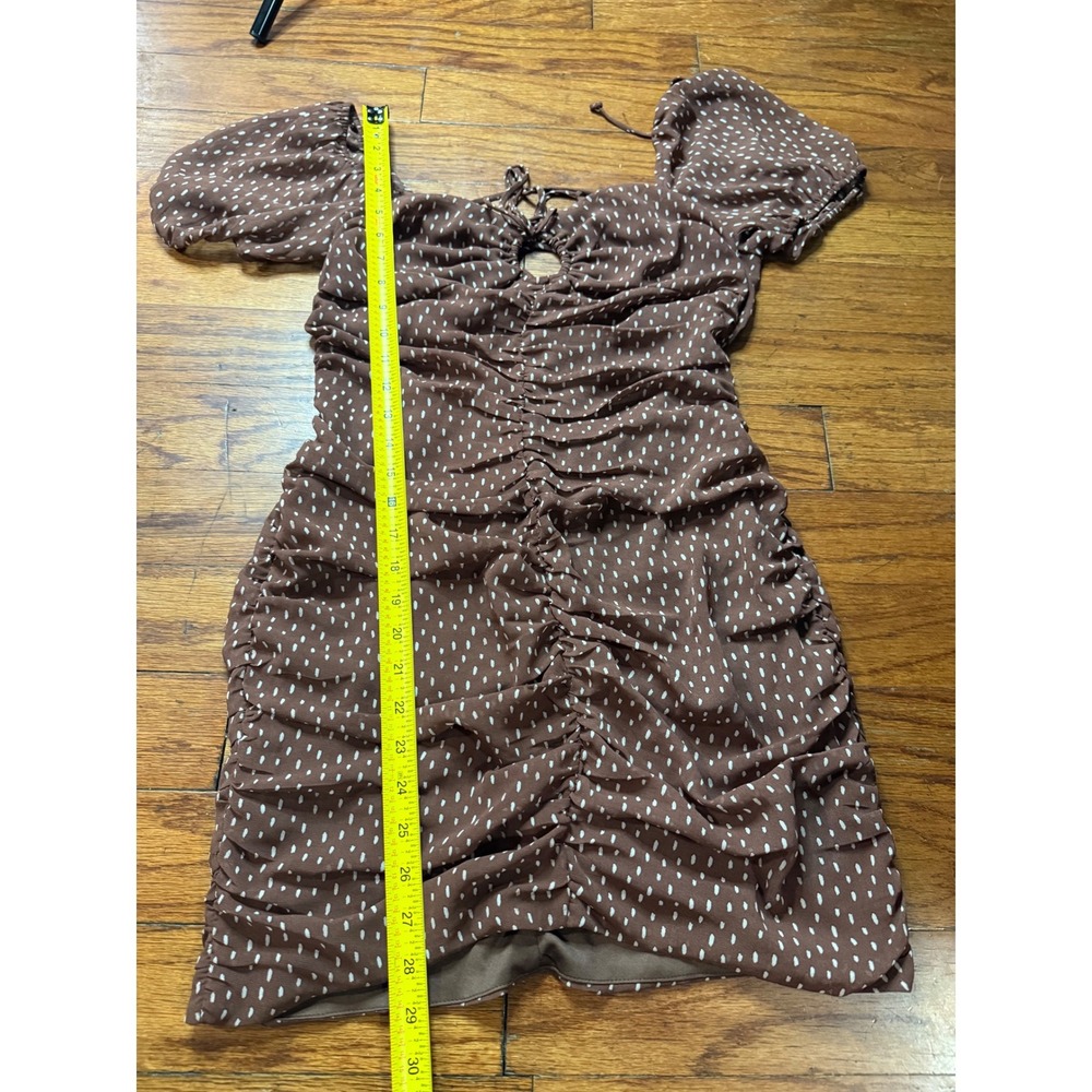 Stella Laguna Beach Brown Dotted Ruched Puff Sleeve Lace Up Mini Dress Medium - Picture 6 of 8